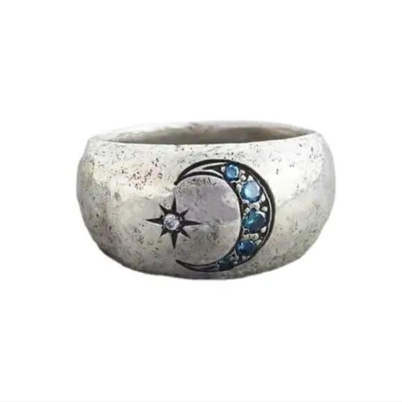 Vintage Style Blue Zircon Ring Carved with Sun and Moon for Silver Plated - Picture 6 of 8